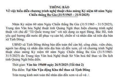 Thông báo Biểu diễn văn nghệ chào mừng 60 năm giải phóng Ba Gia